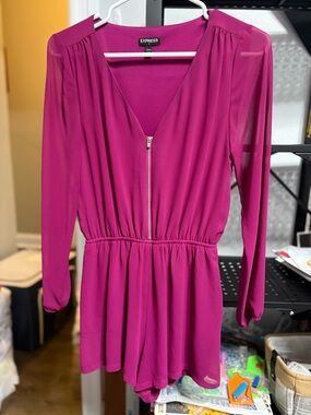Express Magenta V-Neck Long Sleeve Romper with Front Zip